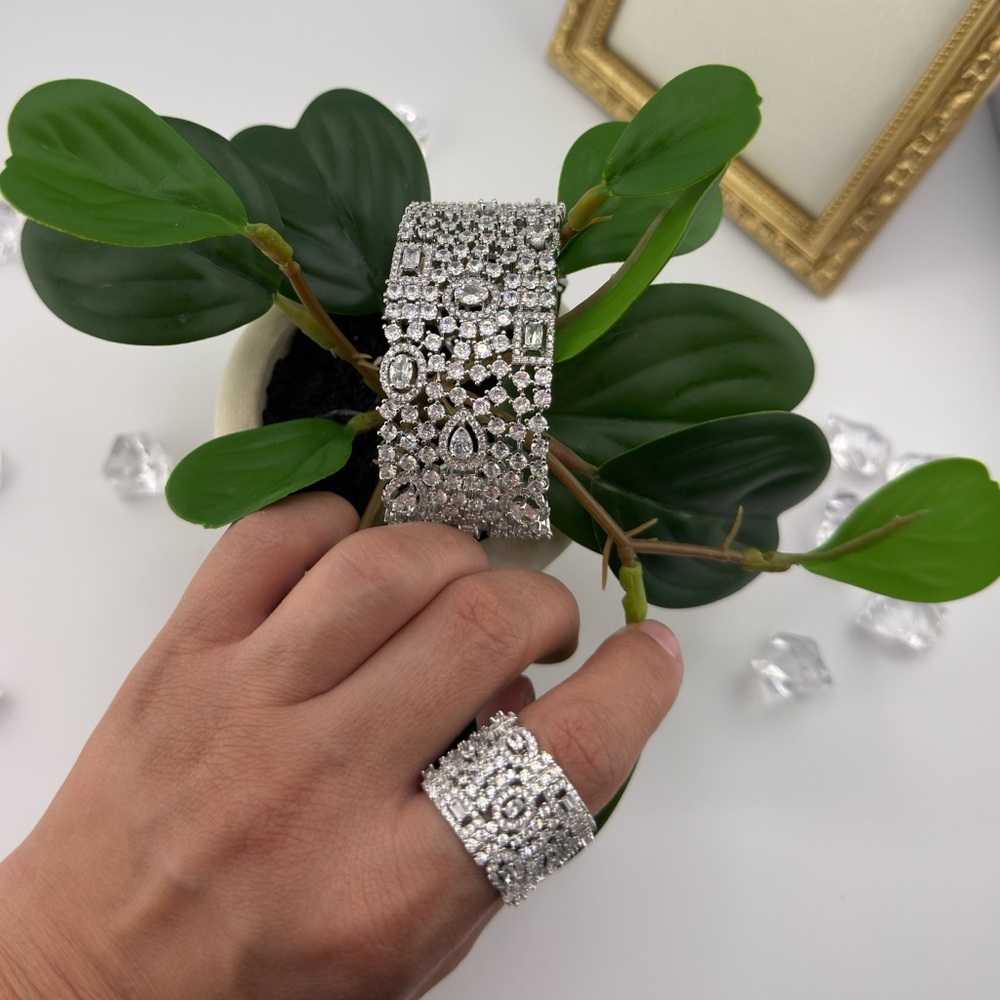 Luxury Cubic Zirconia Cuff Bracelet & Ring Set – Silver Tone - Picture 17 of 17